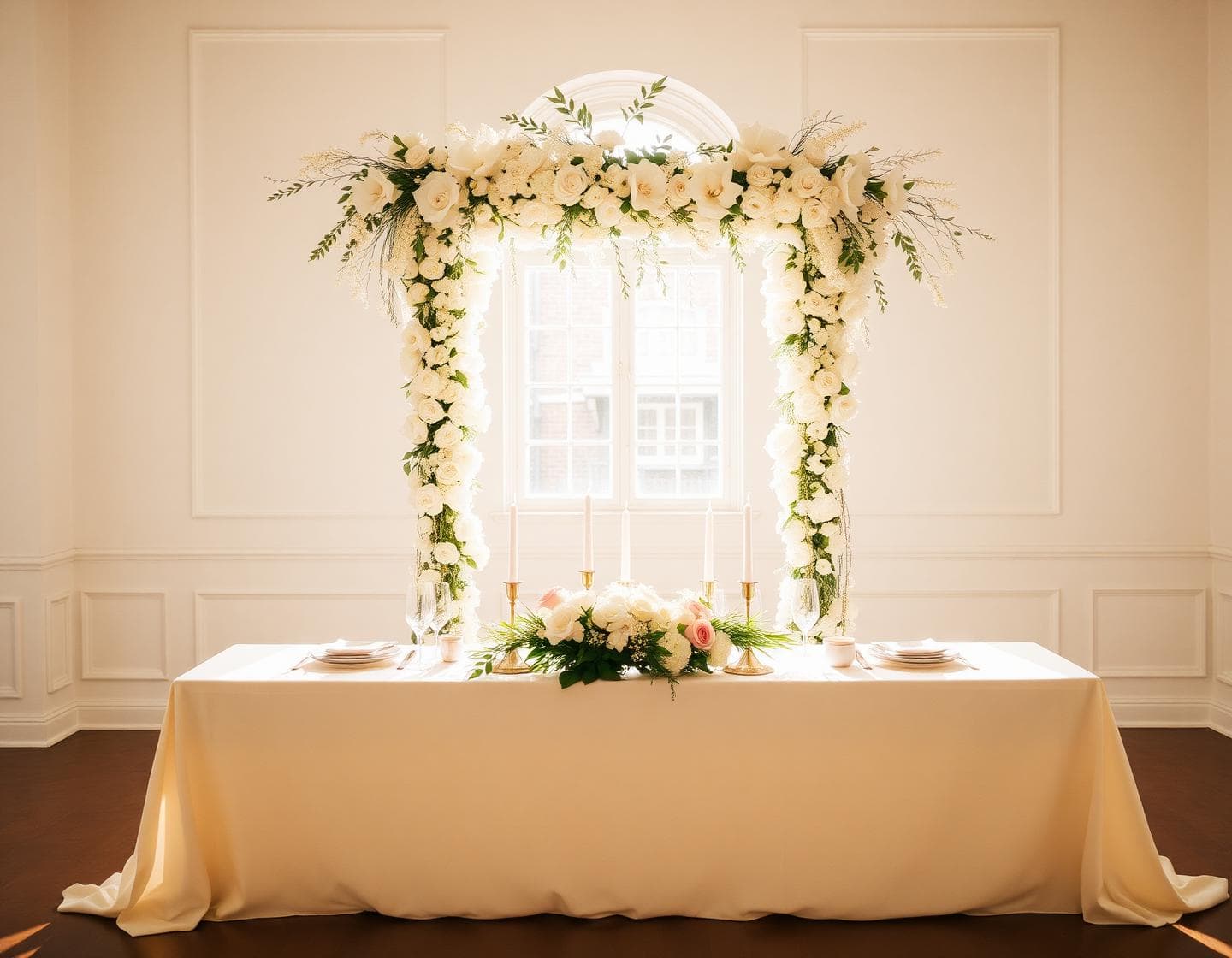 Sunlit wedding table with ivory floral arch and candlelight